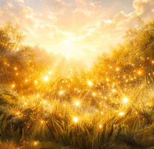 Goldene Wiese mit funkelnden Lichtpartikeln im Sonnenlicht