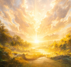 Lichtdurchflutetes Tal mit Fluss und Sonnenstrahlen