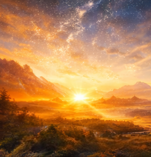 Berglandschaft im Sonnenaufgang unter einem Sternenhimmel